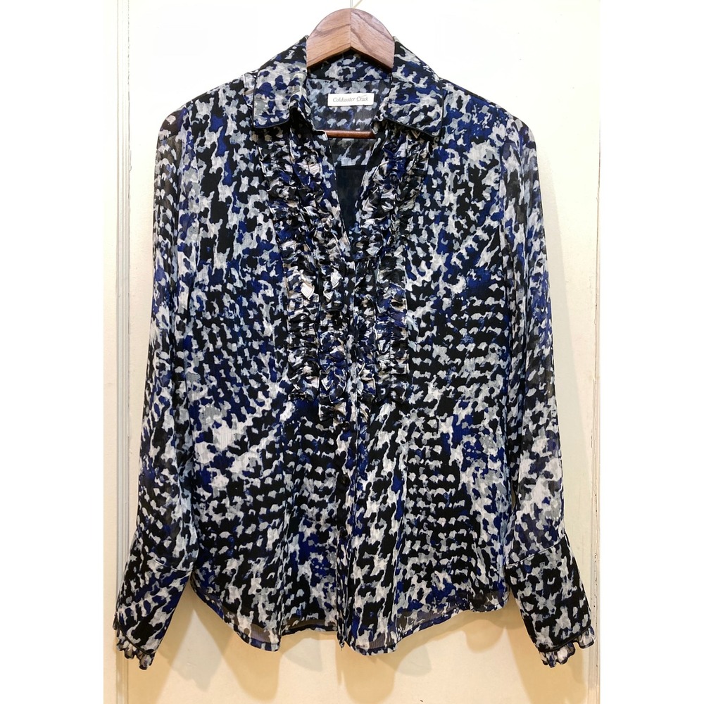Coldwater Creek Womens Sheer Ruffle Front Blouse Top M‎ Blue Artsy Print Office